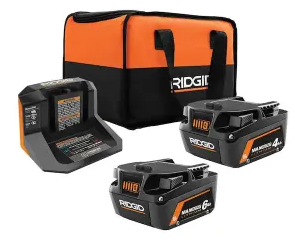 RIDGID 18V 6.0 Ah and 4.0 Ah MAX Output Lithium-Ion Batteries and Charger Kit with Bag AC840060SB1