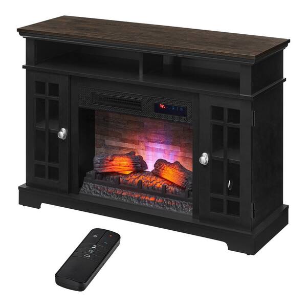 Canteridge 47 in. W Freestanding Media Console Electric Fireplace TV Stand in Black with Clear Lake Oak Top