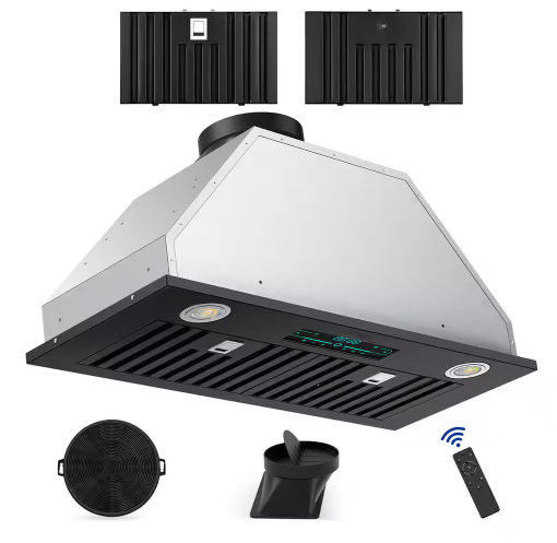 30 in. 900 CFM Convertible Ductless to Ducted Insert Range Hood in Black with A Charcoal Filter and 2 3-Watt LEDs