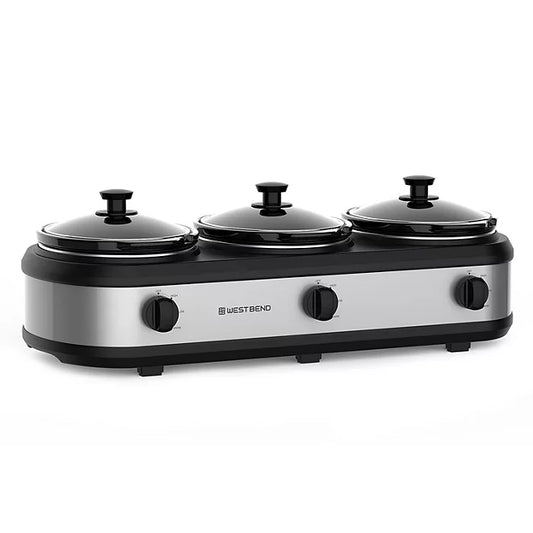 West Bend Triple Slow Cooker, 3x 2.5qt, Stainless/Black