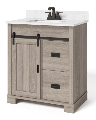Brindley 30 in W x 20 in D x 35 in H Single Sink Freestanding Vanity in Gray w/ Veined White Engineered Stone Top