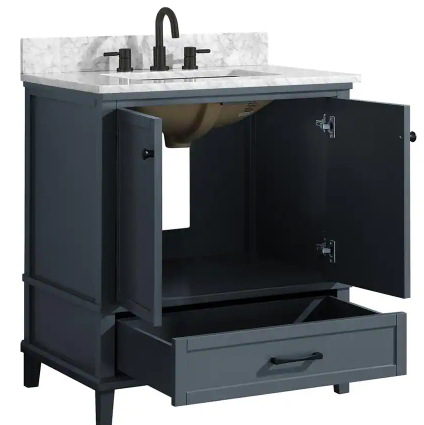 Merryfield 31 in W x 22 in D x 35in H Single Sink Freestanding Bath Vanity in Dark Blue-Grey w/ White Carrara Marble Top