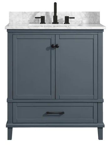 Merryfield 31 in W x 22 in D x 35in H Single Sink Freestanding Bath Vanity in Dark Blue-Grey w/ White Carrara Marble Top