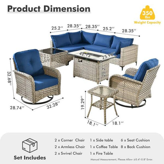 Gray 9-Piece Wicker Patio Rectangle Fire Pit Conversation Set with Denim Blue Cushions and Swivel Chairs