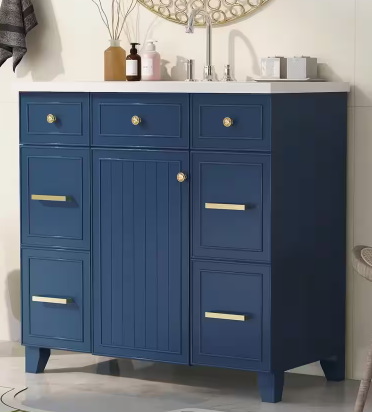 36 in. W x 18 in. D x 34 in . H Wood Frame Bath Vanity in Navy Blue with Cultured Marble Top and Shaker Cabinet